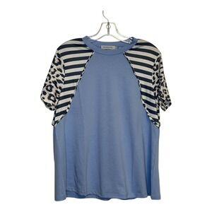 MISSLOOK Color Block T-Shirt Black Striped Leopard Print Accents Blue Top Size M